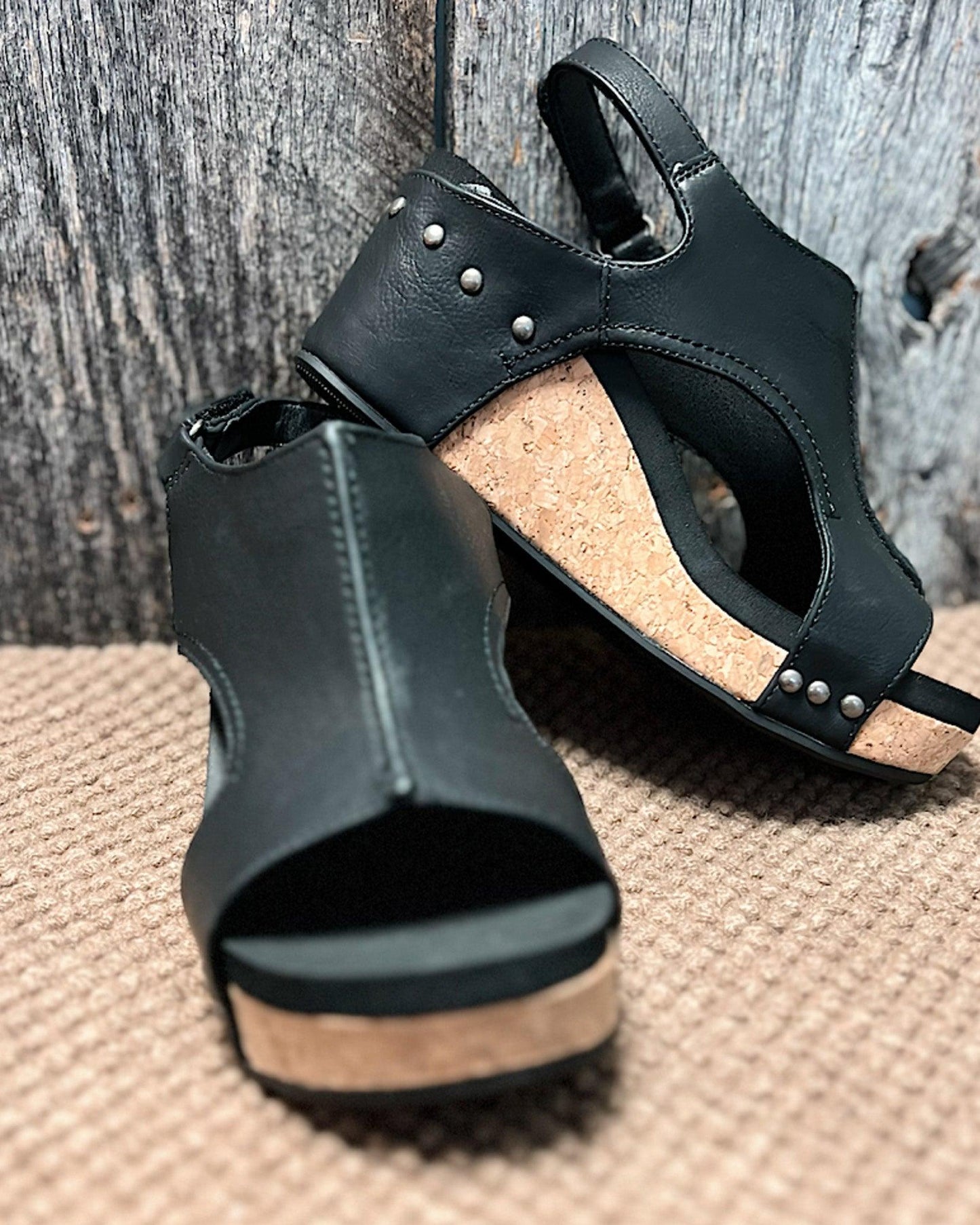 Sandały na Koturnie Damskie – Postarzana Skóra Korkowa Platforma Slingback