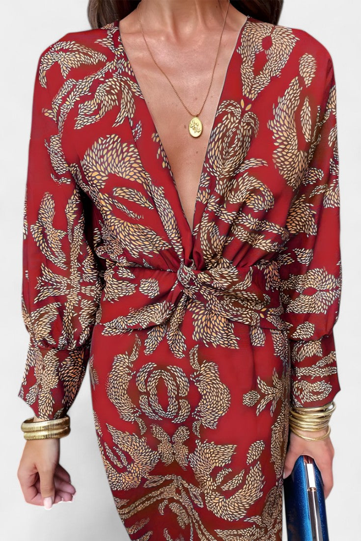 Sukienka Midi Kopertowa Paisley z Dekoltem V – Elegancka Sukienka Damska