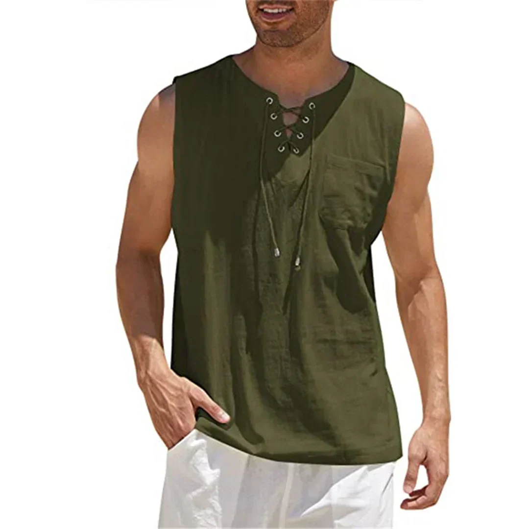 Momount Men Linen Tank Top – Lace Up V Neck Sleeveless Beach Casual