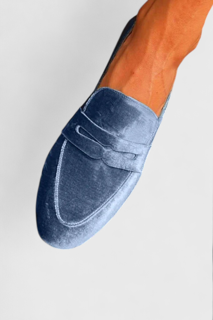 Mokasyny damskie aksamitne – penny loafers, okrągły nosek, wsuwane