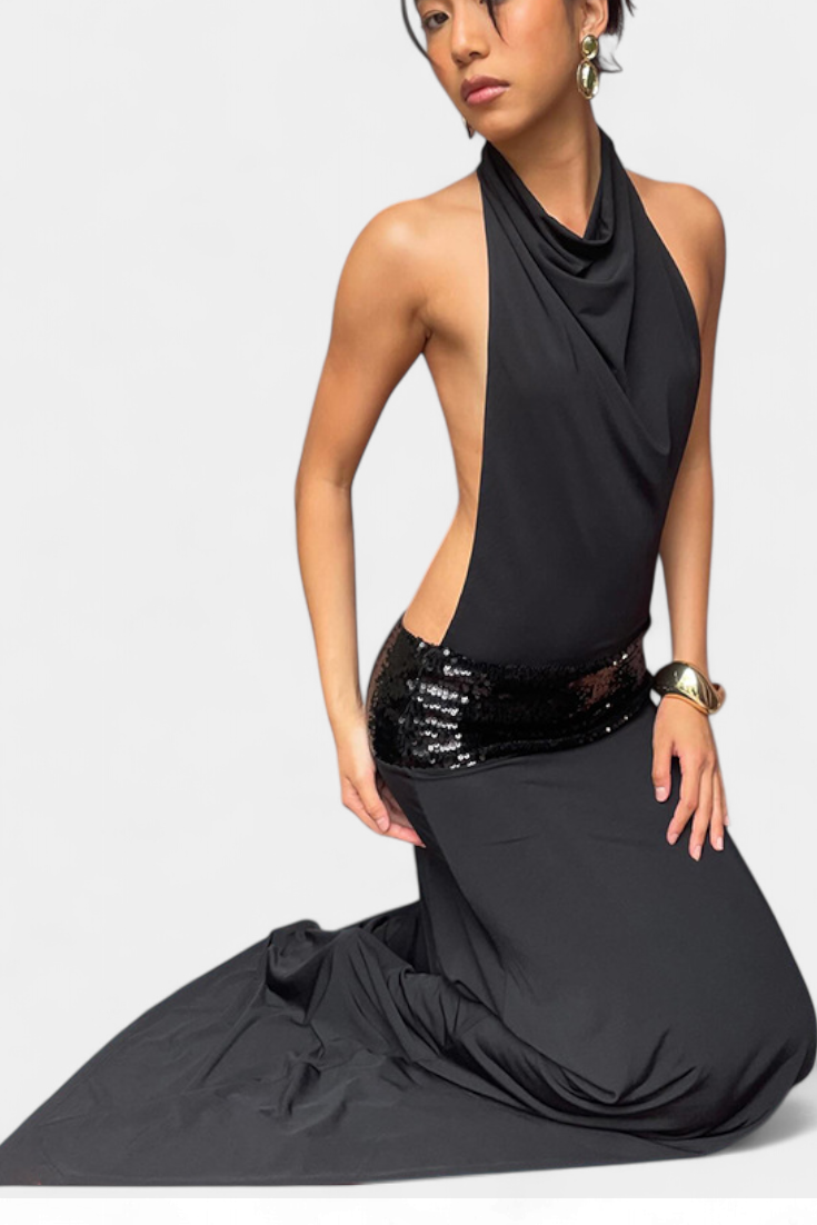Sukienka Maxi z Cekinami wiązanie na szyi – Elegancka Sukienka Wieczorowa Na Wesele