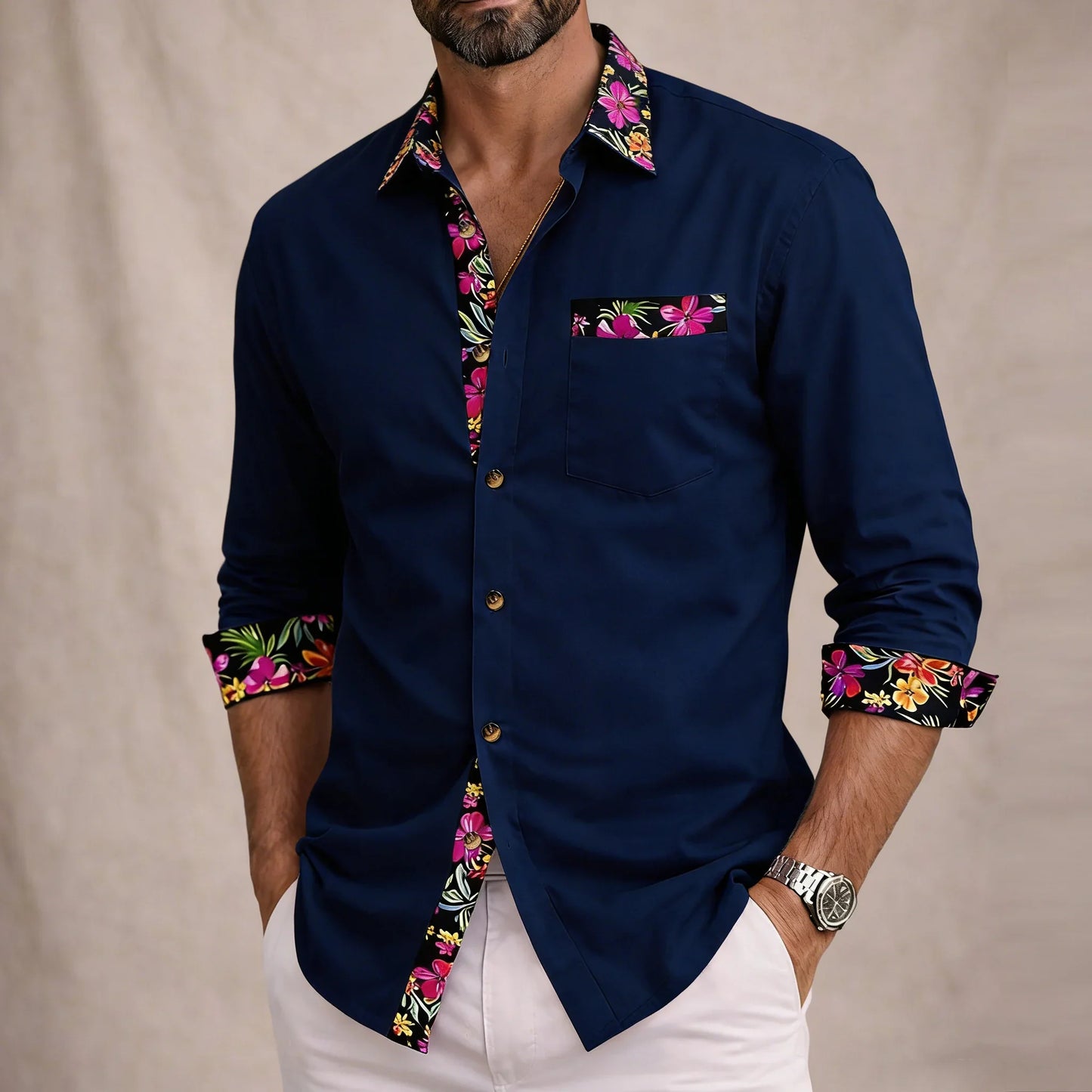 Momount Men Linen Shirt – Long Sleeve Floral Contrast Trim Hawaiian Casual