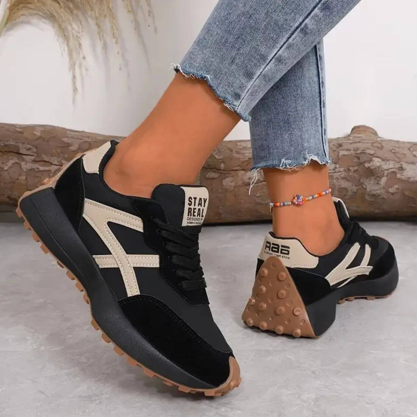 Sneakersy Damskie Retro w Paski Sznurowane – Sportowe Buty Damskie
