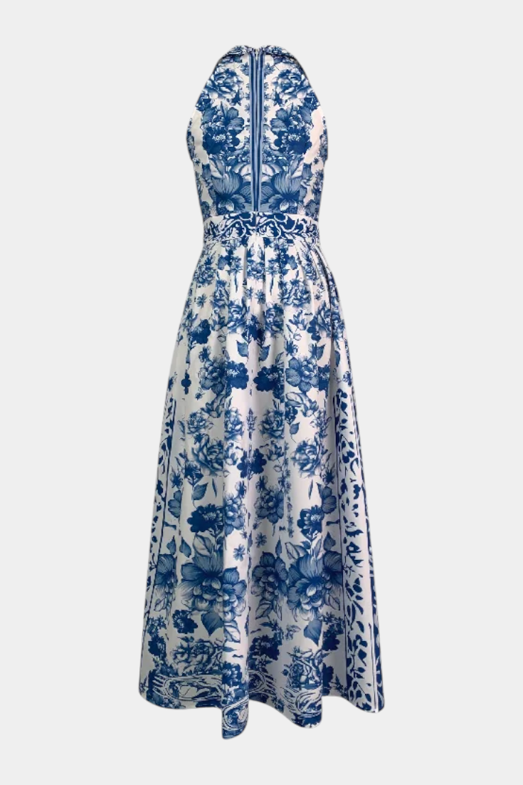 Sukienka Maxi wiązanie na szyi z Nadrukiem – Elegancka Długa Sukienka Damska