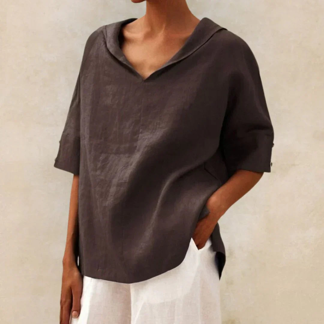 Koszula lniana damska oversize – marynarski dekolt V, rękaw 3/4
