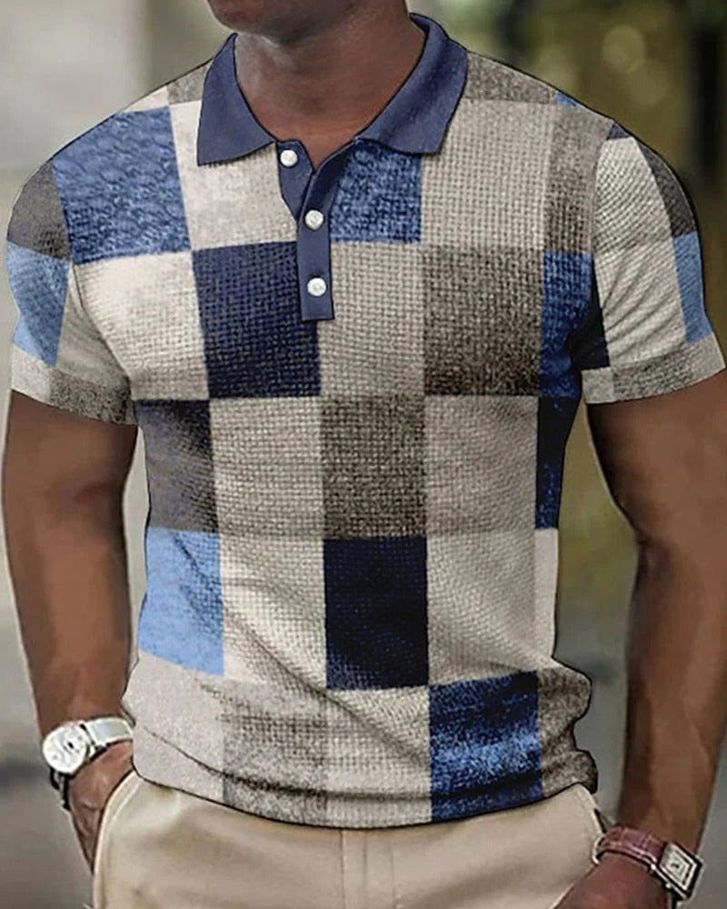 Momount Men Checkered Polo Shirt – Patchwork Short Sleeve Casual
