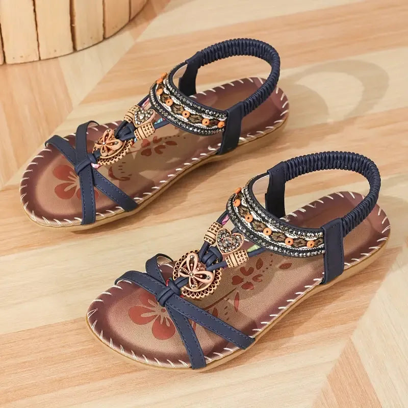 Sandały Slingback Damskie – Turkusowe Boho z Koralikami Płaskie