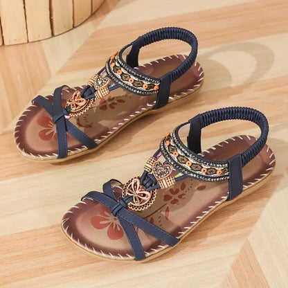 Sandały Slingback Damskie – Turkusowe Boho z Koralikami Płaskie