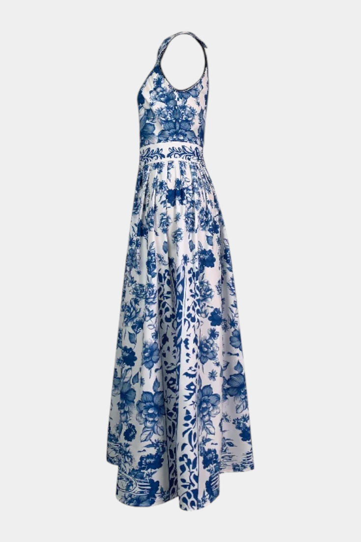 Shante Floral A-Line Dress | Lapel Collar, Sleeveless, Porcelain