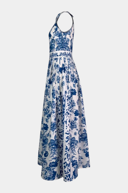 Shante Floral A-Line Dress | Lapel Collar, Sleeveless, Porcelain