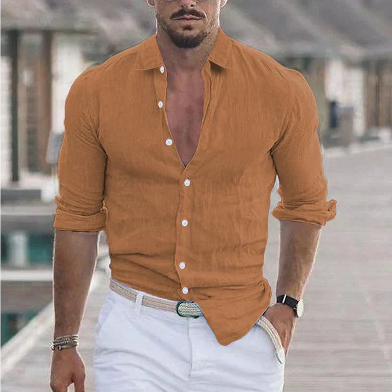 Momount Men Linen Shirt – Long Sleeve Turn Down Collar Summer Casual