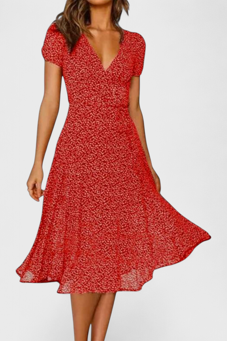 Nuria A-Line Midi Dress | V-Neck, Dynamic Hem, Everyday