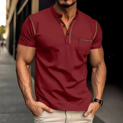 Momount Men Polo Shirt – Band Collar Contrast Trim Chest Pocket