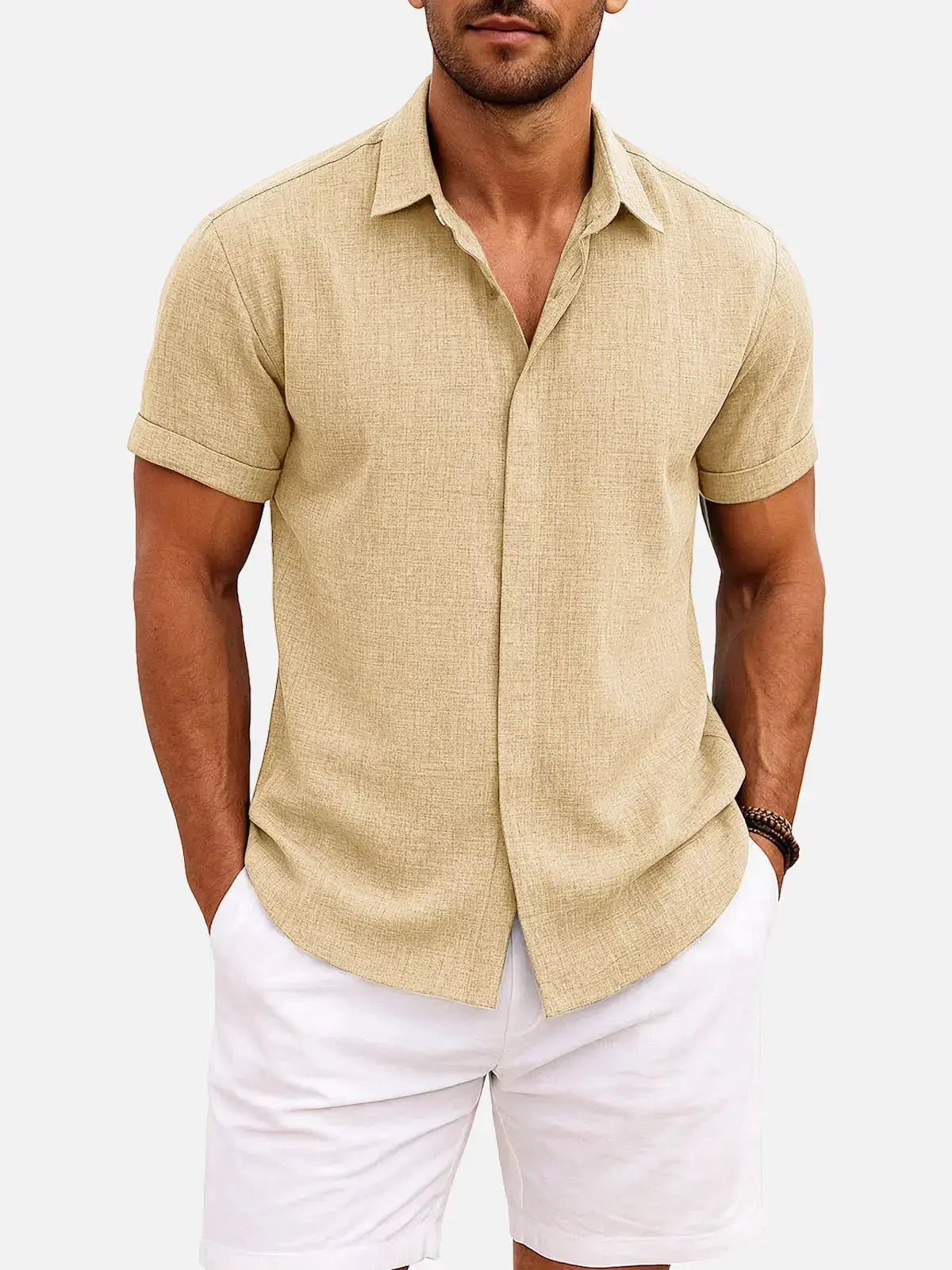 Momount Men Linen Shirt – Short Sleeve Turn Down Collar Cotton Blend Casual