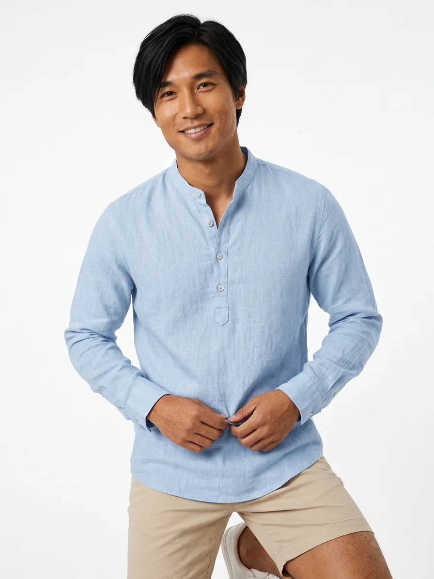 Momount Men Linen Henley Shirt – Long Sleeve Band Collar Breathable Casual - Light Blue - front