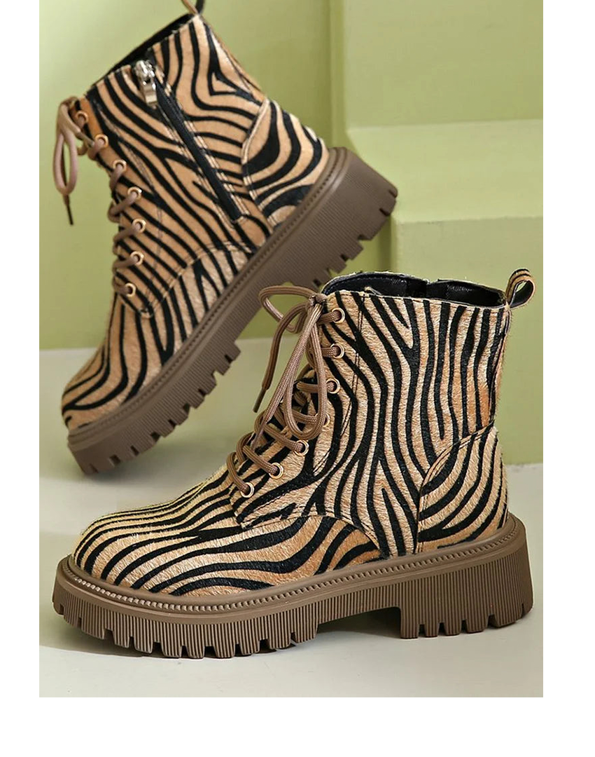 Women's Animal Print Ankle Boots – Lace-Up Side Zip Chunky Sole