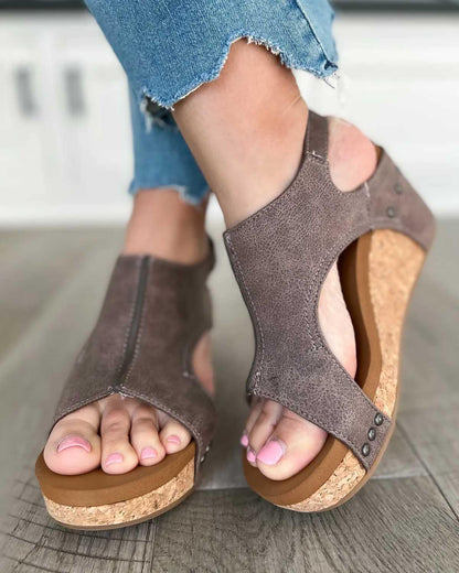 Sandały na Koturnie Damskie – Postarzana Skóra Korkowa Platforma Slingback