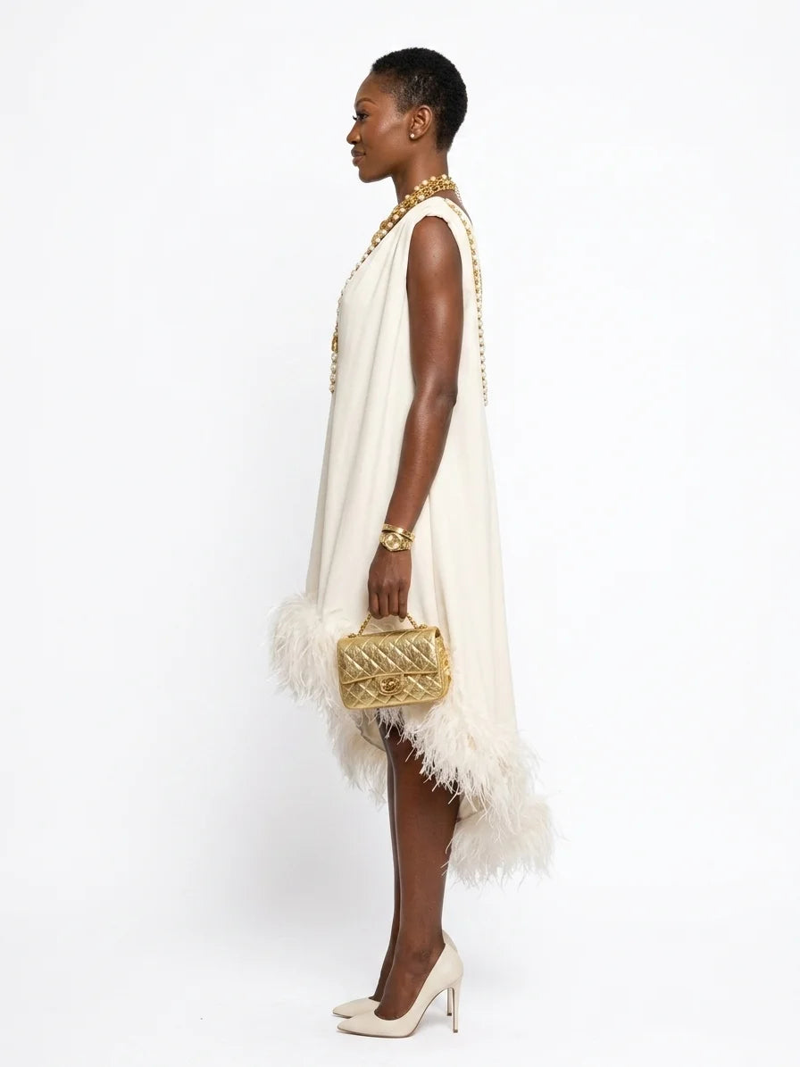 Anastasia | Elegant Feather V Neck Midi Dress - Off white - side