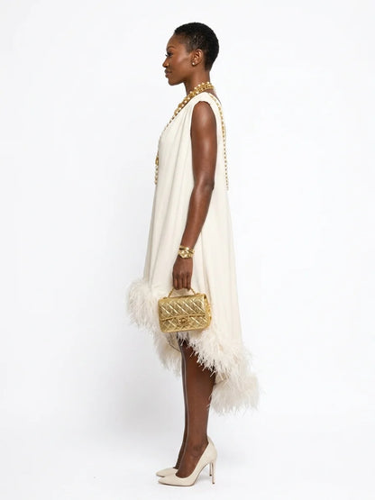 Anastasia | Elegant Feather V Neck Midi Dress - Off white - side
