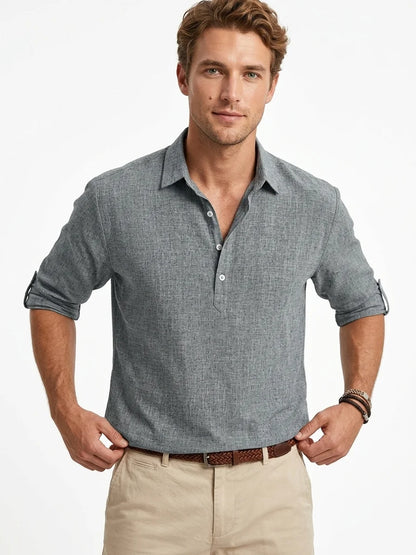 Momount Men Linen Shirt – Long Sleeve Popover Button Placket Casual - Gray - front