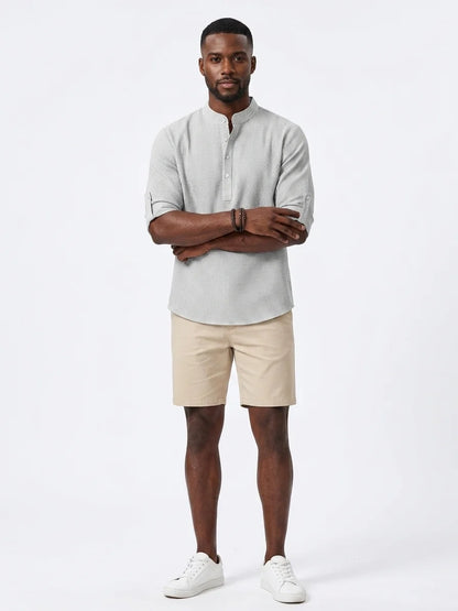 Momount Men Waffle Linen Shirt – Long Sleeve Band Collar Chest Pocket - Light Gray - front