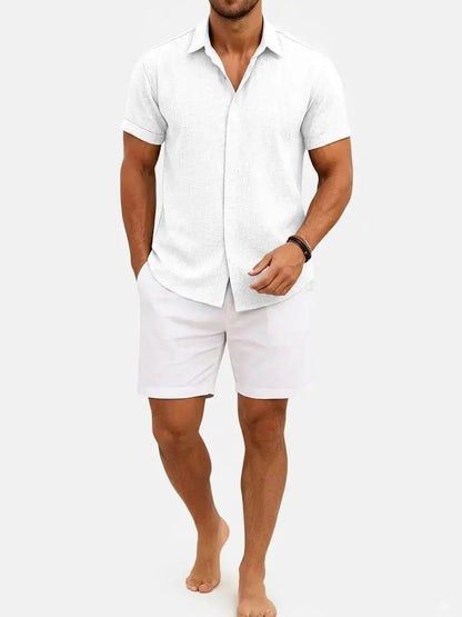 Momount Men Linen Shirt – Short Sleeve Turn Down Collar Cotton Blend Casual
