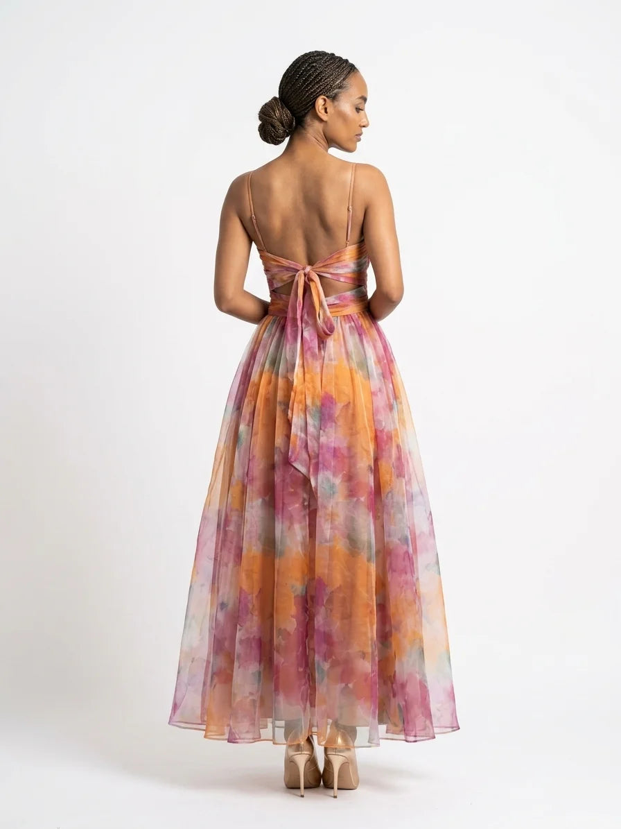 Aria Fitted Bodice Maxi Dress | V-Neck, Pleated Skirt - Orange - back