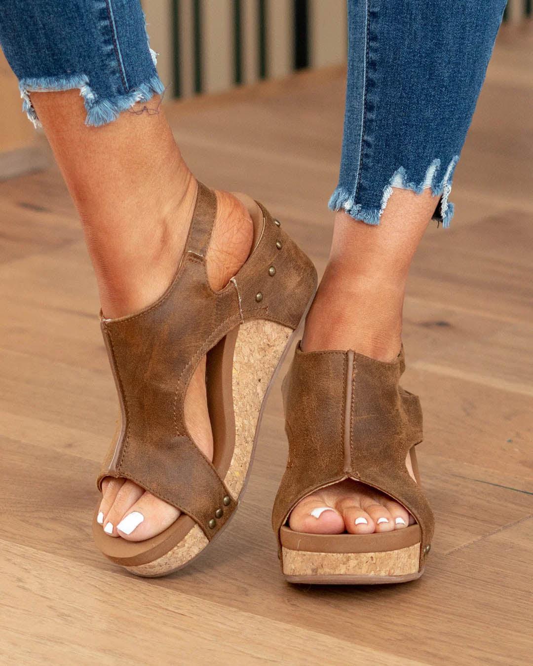 Sandały na Koturnie Damskie – Postarzana Skóra Korkowa Platforma Slingback