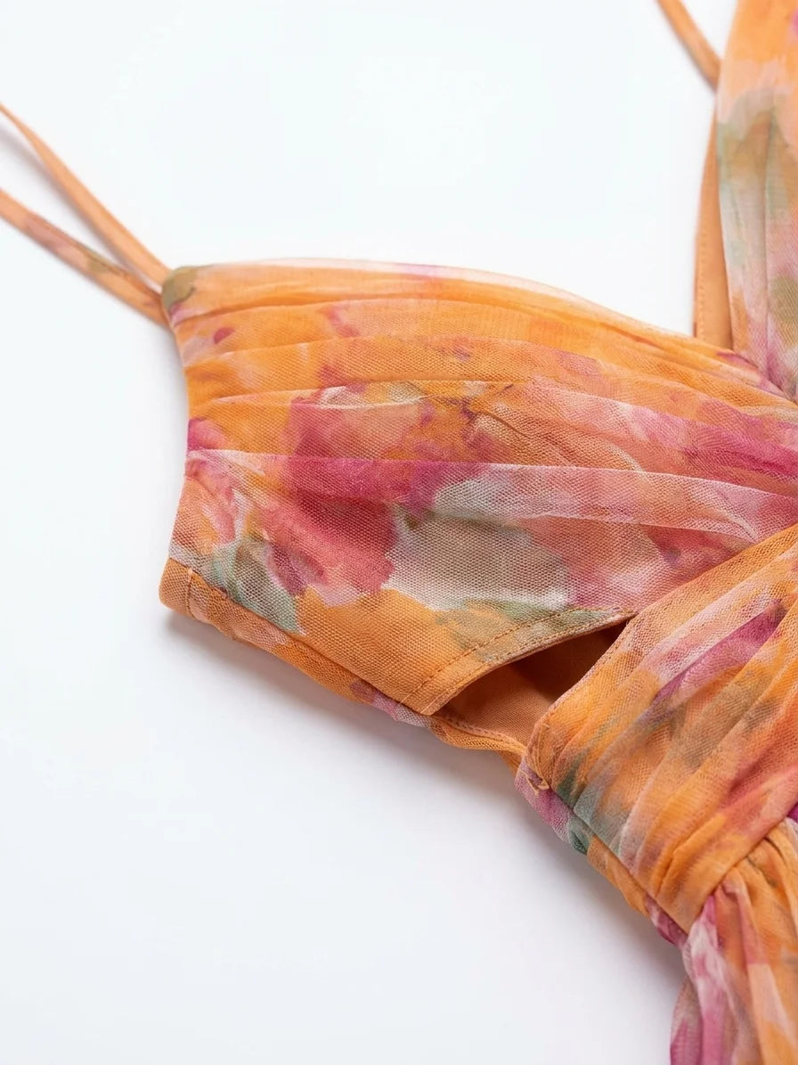 Aria Fitted Bodice Maxi Dress | V-Neck, Pleated Skirt - Orange - detail