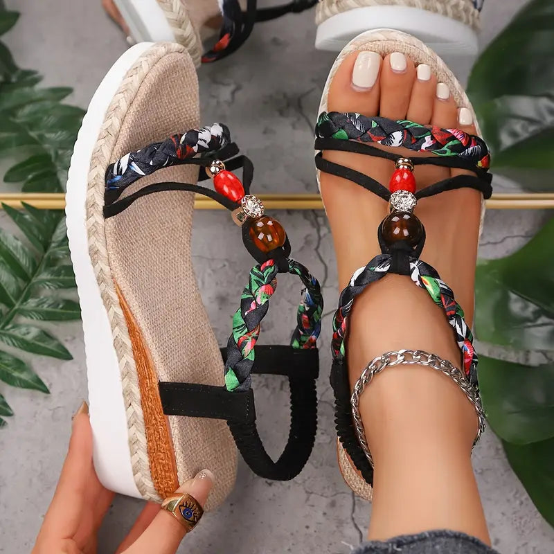 Espadryle na Koturnie Damskie – Boho Plecione z Koralikami i Cyrkoniami
