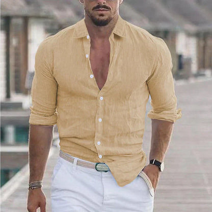Momount Men Linen Shirt – Long Sleeve Turn Down Collar Summer Casual