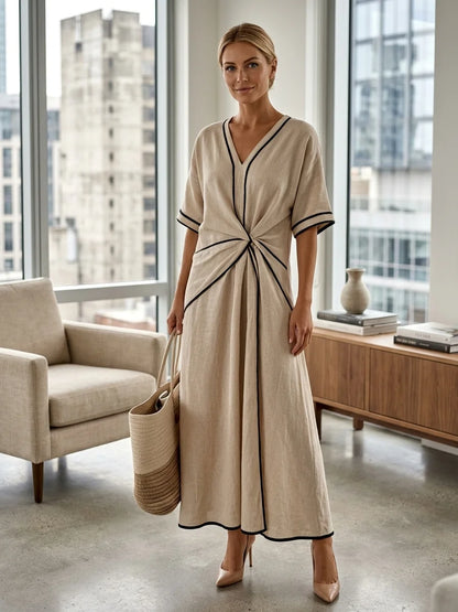 Vivian Twist Front Maxi Dress | V-Neck, Contrast Edges - Beige - lifestyle_indoor