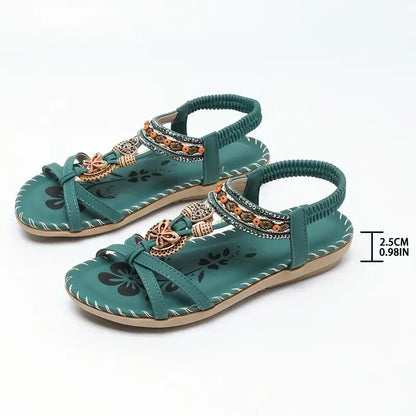 Sandały Slingback Damskie – Turkusowe Boho z Koralikami Płaskie