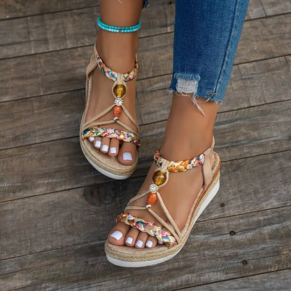 Espadryle na Koturnie Damskie – Boho Plecione z Koralikami i Cyrkoniami