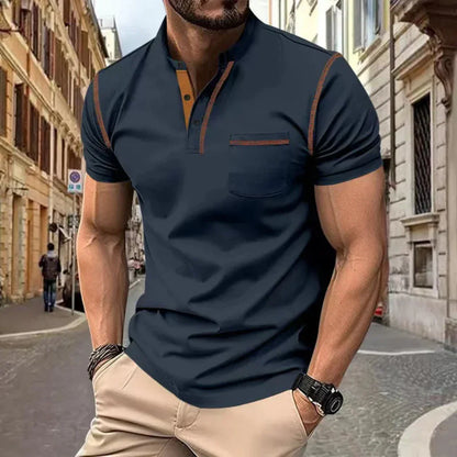 Momount Men Polo Shirt – Band Collar Contrast Trim Chest Pocket