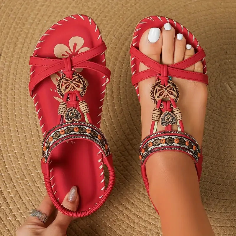 Sandały Slingback Damskie – Turkusowe Boho z Koralikami Płaskie