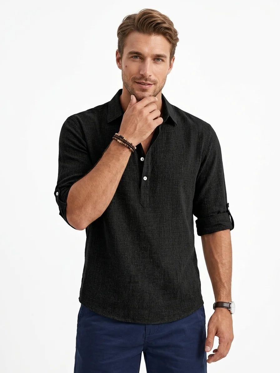 Momount Men Linen Shirt – Long Sleeve Popover Button Placket Casual - Black - front