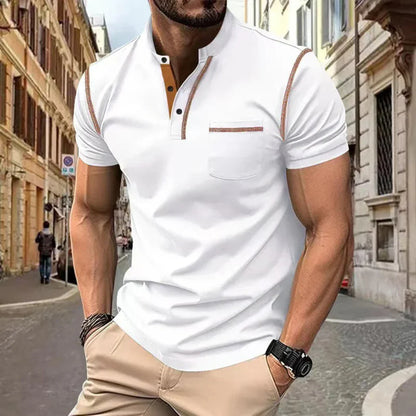Momount Men Polo Shirt – Band Collar Contrast Trim Chest Pocket