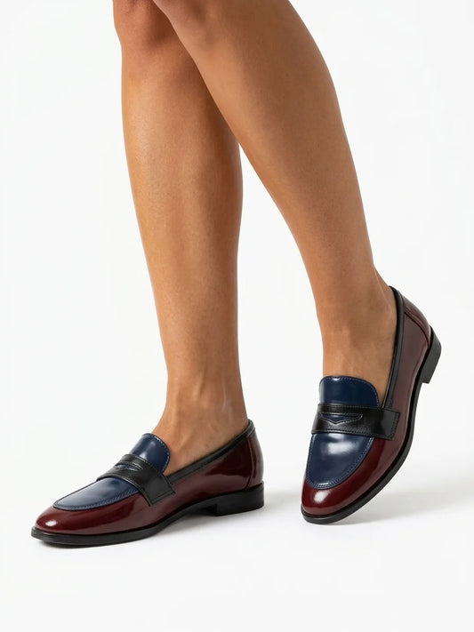 Women's Two-Tone Loafers – Slip-On Closed Toe Contrast Panel - Blue - onfoot