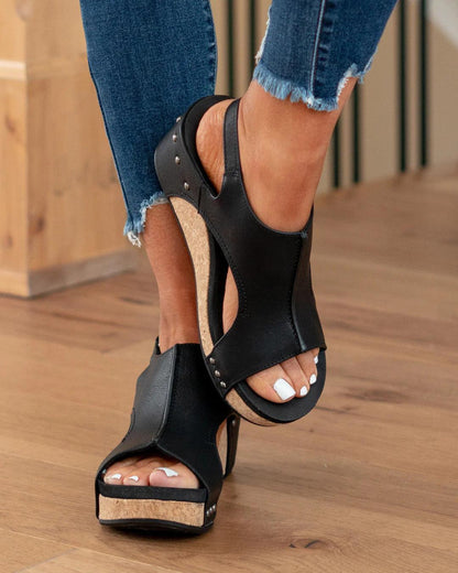 Sandały na Koturnie Damskie – Postarzana Skóra Korkowa Platforma Slingback