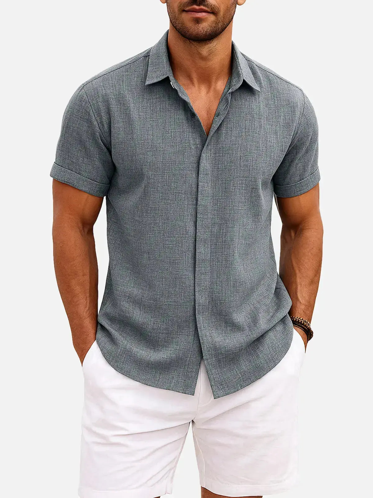 Momount Men Linen Shirt – Short Sleeve Turn Down Collar Cotton Blend Casual
