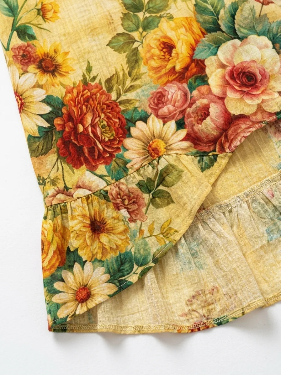 Ivy Boho Midi Dress | Floral Print, Tiered Skirt, 3/4 Sleeve - Yellow - detail