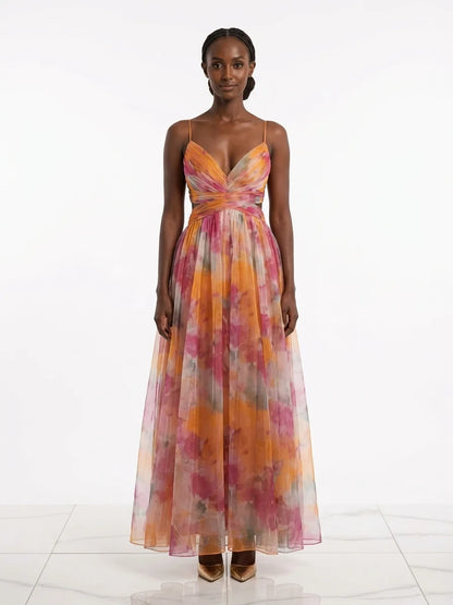 Aria Fitted Bodice Maxi Dress | V-Neck, Pleated Skirt - Orange - front