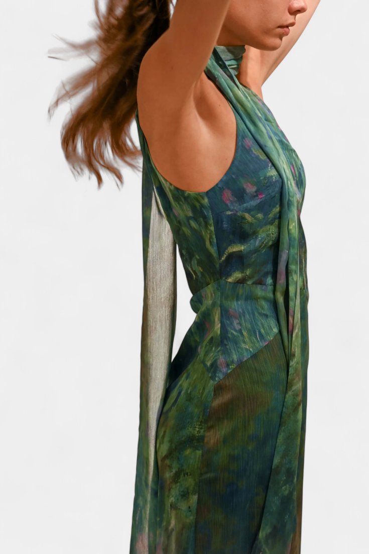 Monet Chiffon Dress | Impressionist Print, High Neck