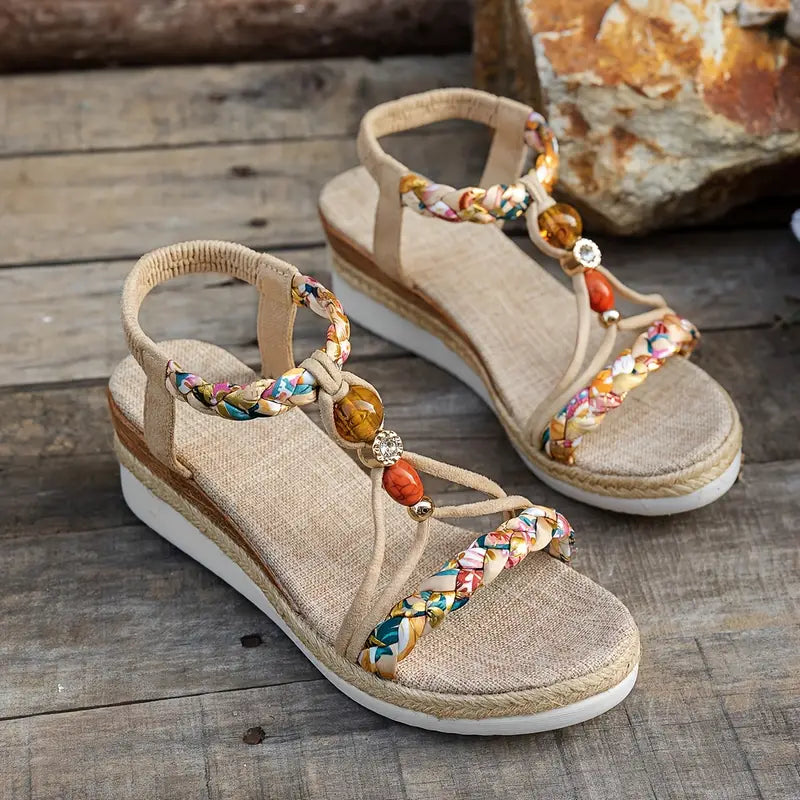Espadryle na Koturnie Damskie – Boho Plecione z Koralikami i Cyrkoniami