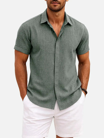 Momount Men Linen Shirt – Short Sleeve Turn Down Collar Cotton Blend Casual