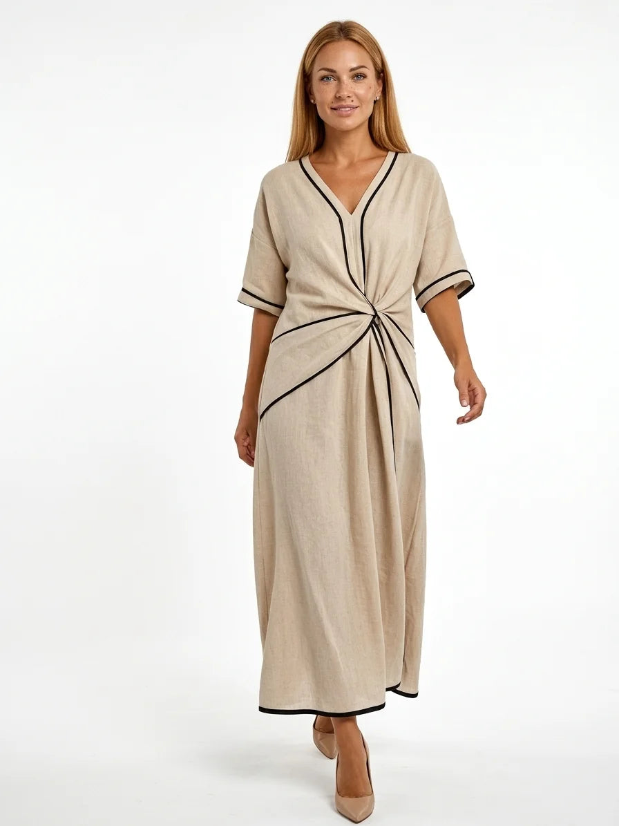 Vivian Twist Front Maxi Dress | V-Neck, Contrast Edges - Beige - front