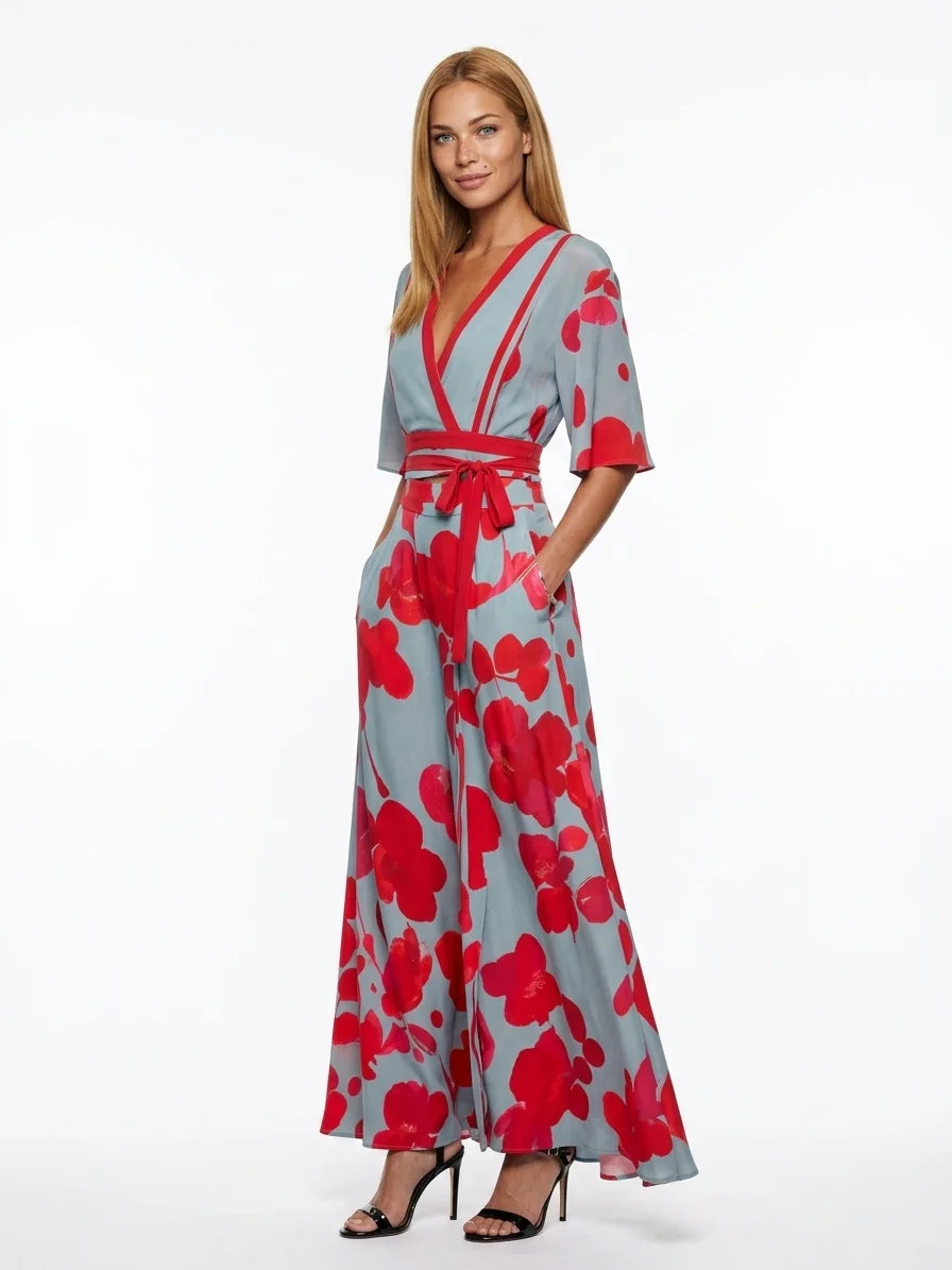 Elena Floral Wrap Maxi Dress | V-Neck, Summer Elegance - Blue & Red - 3/4