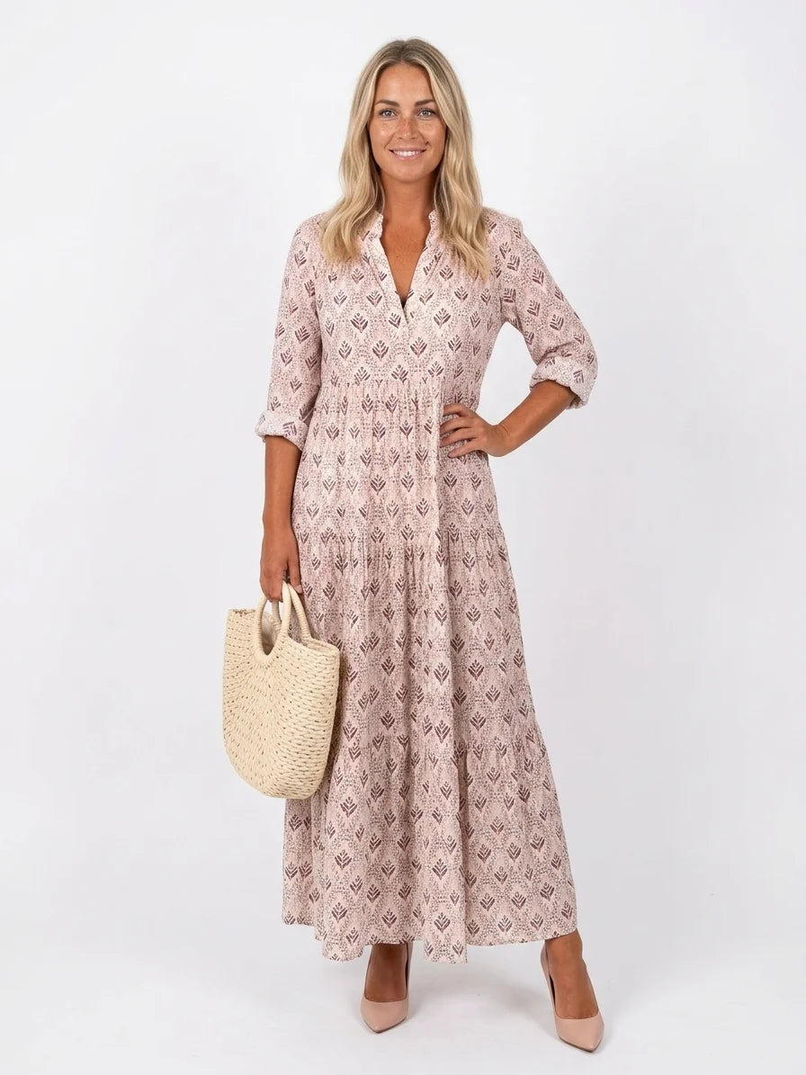 Willow Boho Maxi Dress | All-Over Print, Tassel Detail - Pink - front