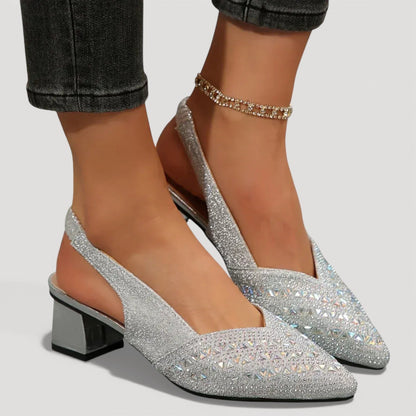 Momount Damskie Czółenka Slingback – Cyrkonie Szpiczasty Nosek Niski Słupek Brokat